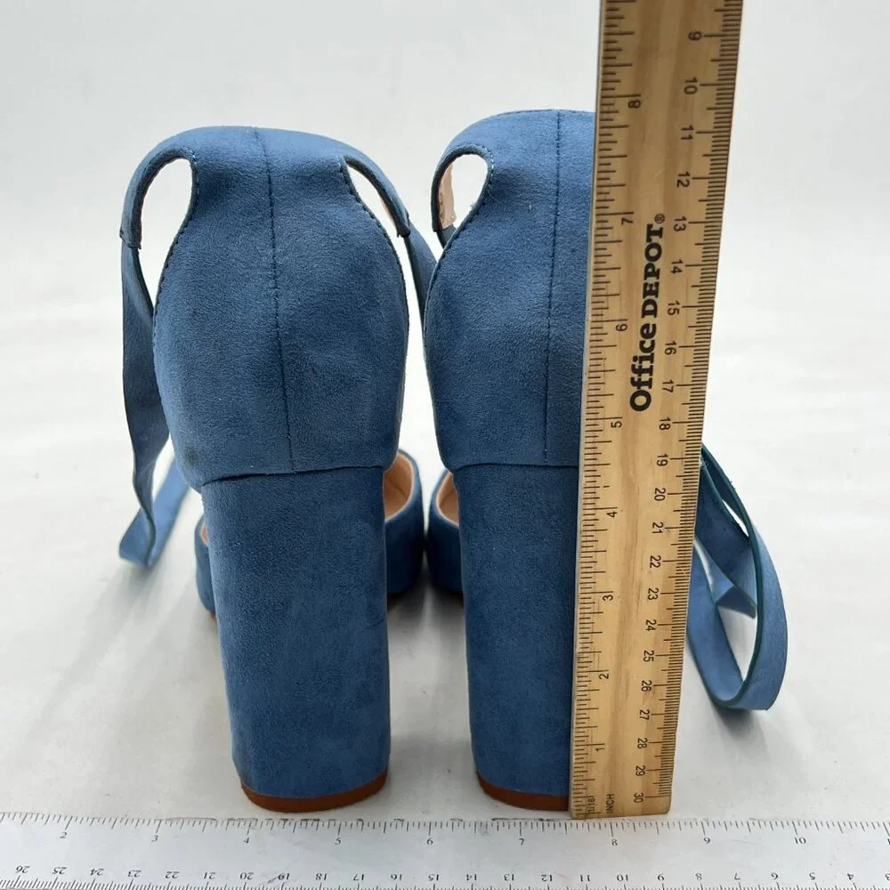 FSJ Steel Blue Faux Suede Chunky Heel D'Orsay Pointed Toe Ankle Strap Pump - Picture 5 of 8